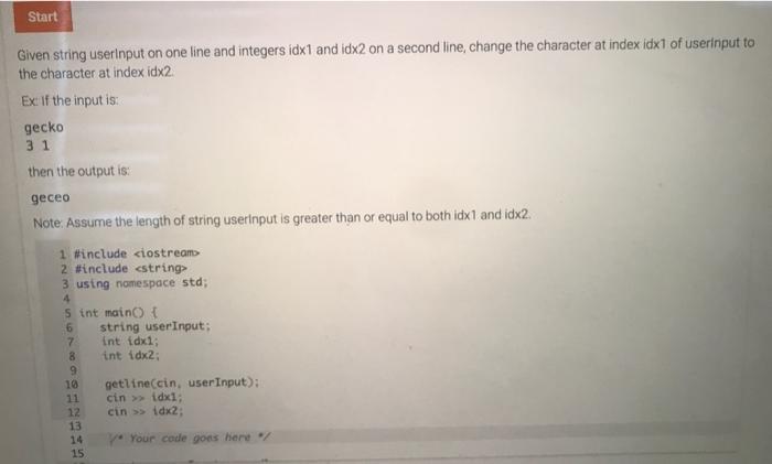  Given string userinput on one line and integers id 1 and