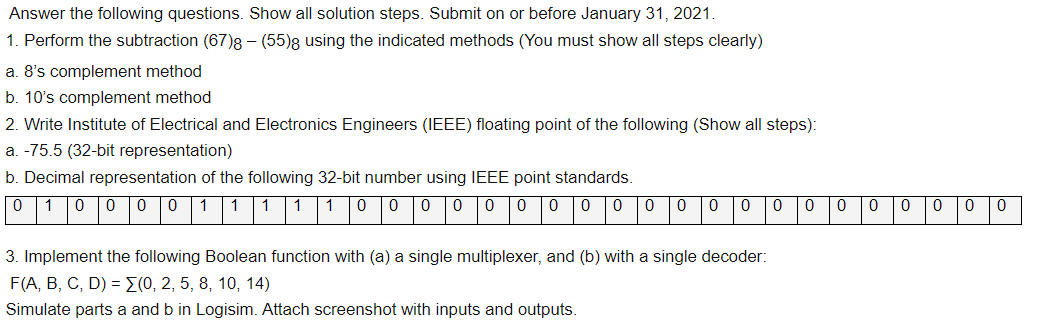  Answer the following questions. Show all solution steps. Submit on or