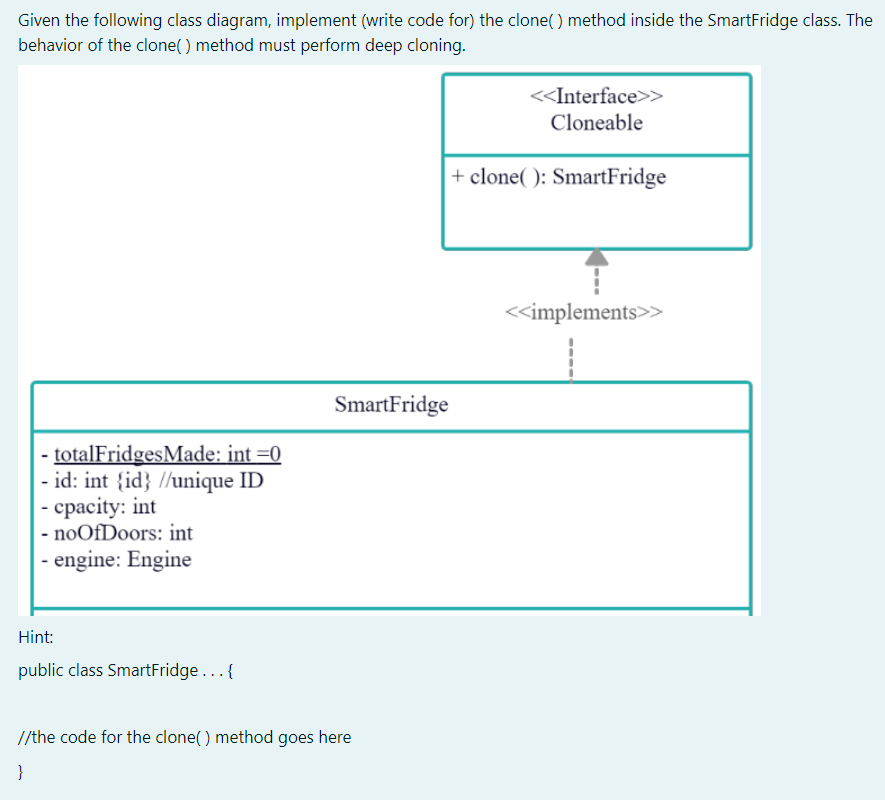  Given the following class diagram, implement (write code for) the clone()