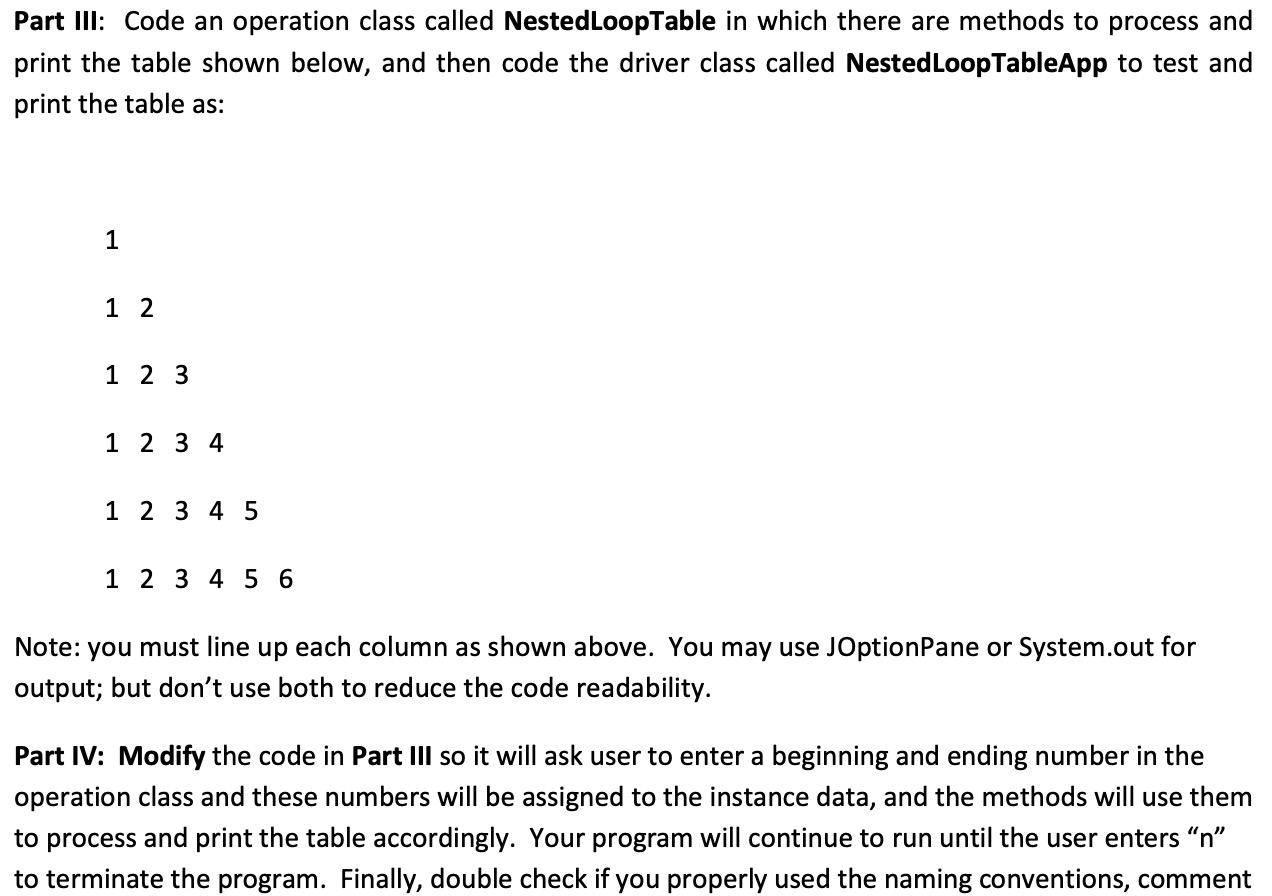  Part III: Code an operation class called NestedLoopTable in which there
