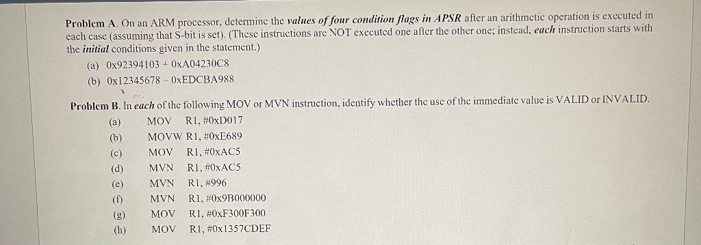 Problem A. On an ARM processor, determine the values of four