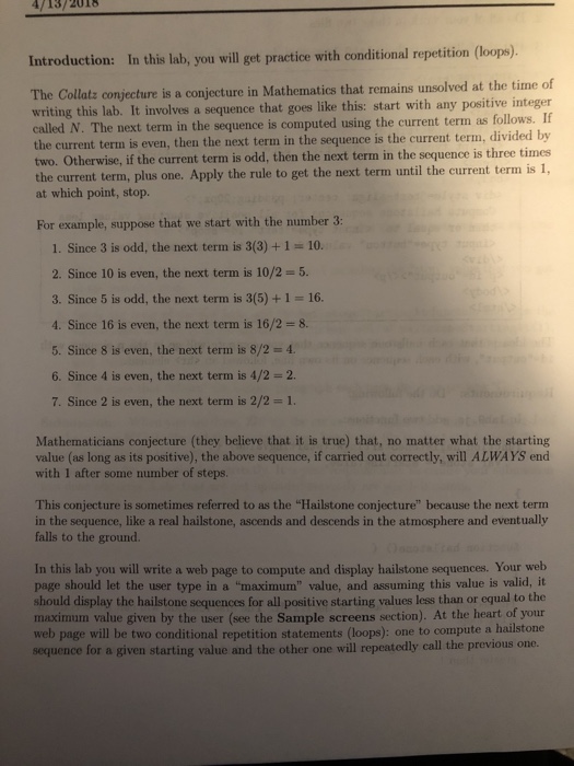 Introduction: In this lab, you will get practice with conditional repetition