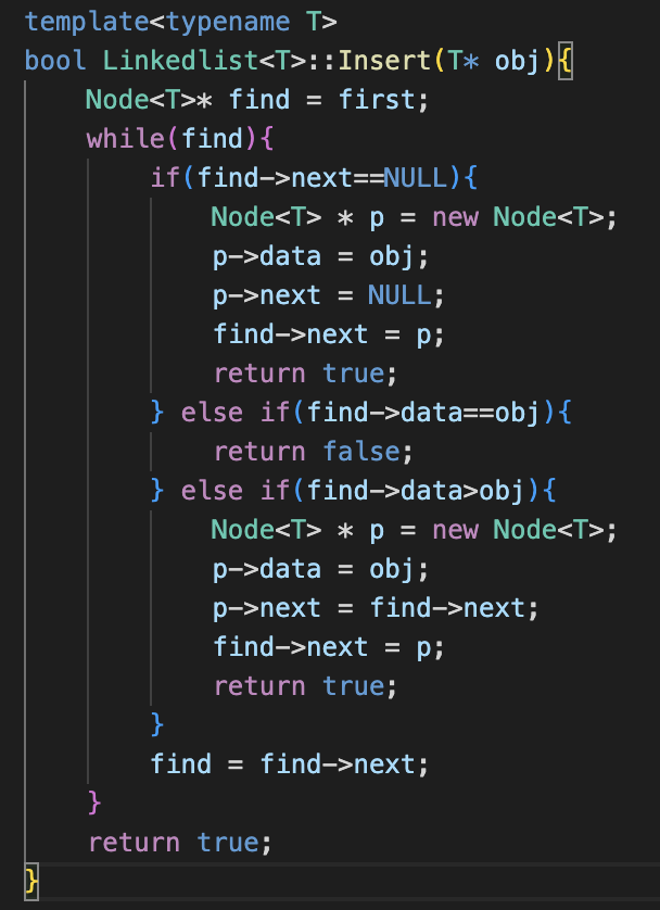 complete bool Insert( T* obj ) : Insert an object in the