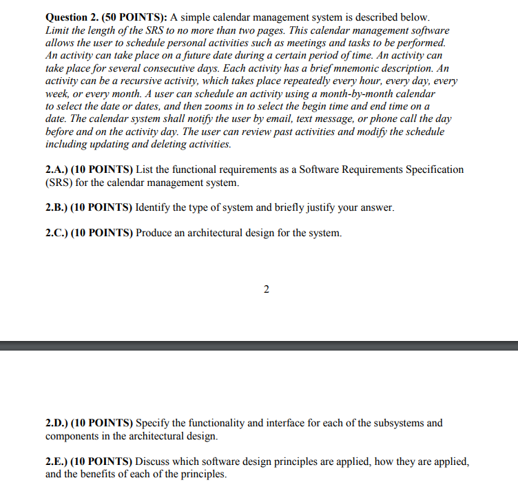 Question 2. (50 POINTS): A simple calendar management system is described