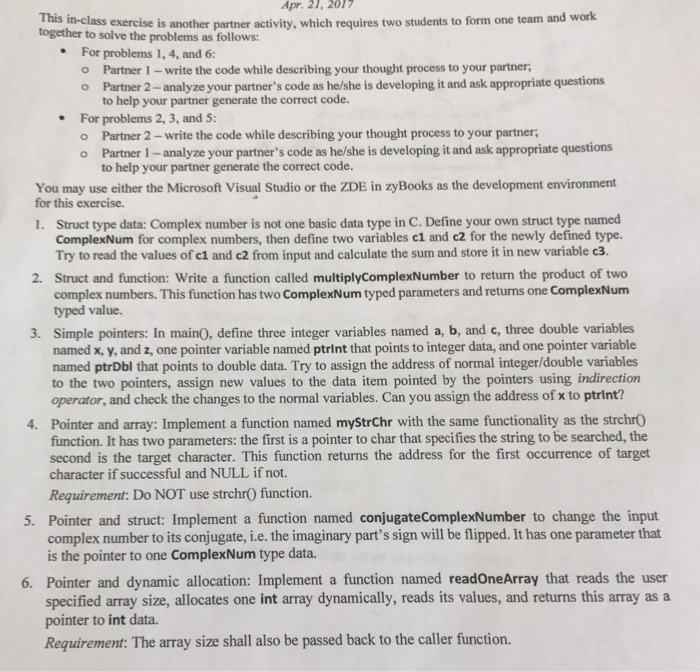  C language This in-class exercise is another partner activity, which requires