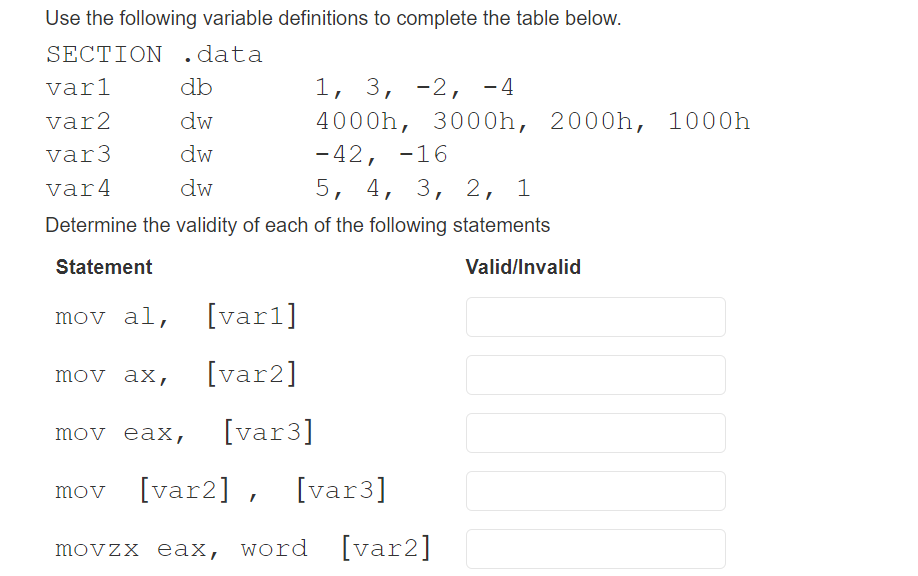  Use the following variable definitions to complete the table below. Determine