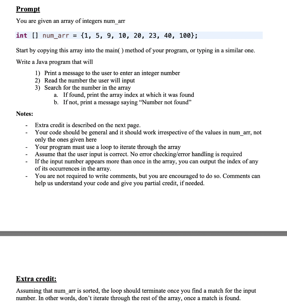 Complete java code and include comments explaining what's happening. thank you. int