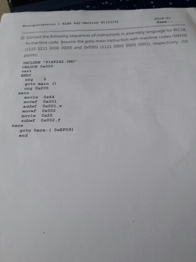 Convert the following sequences of instructions in c la anguage for PIC18,