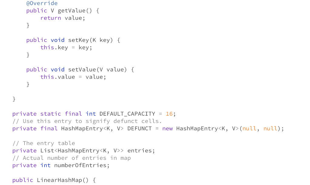 a hash table, handling collisions via linear probing. The scaffold supplies a