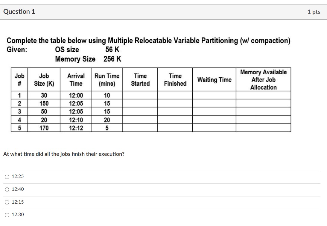  Complete the table below using Multiple Relocatable Variable Partitioning (w/ compaction)