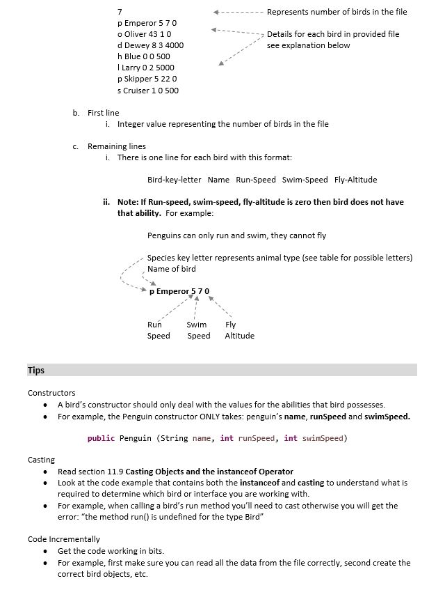 abilities-running, swimming, and flying. Each bird has a fixed set of abilities