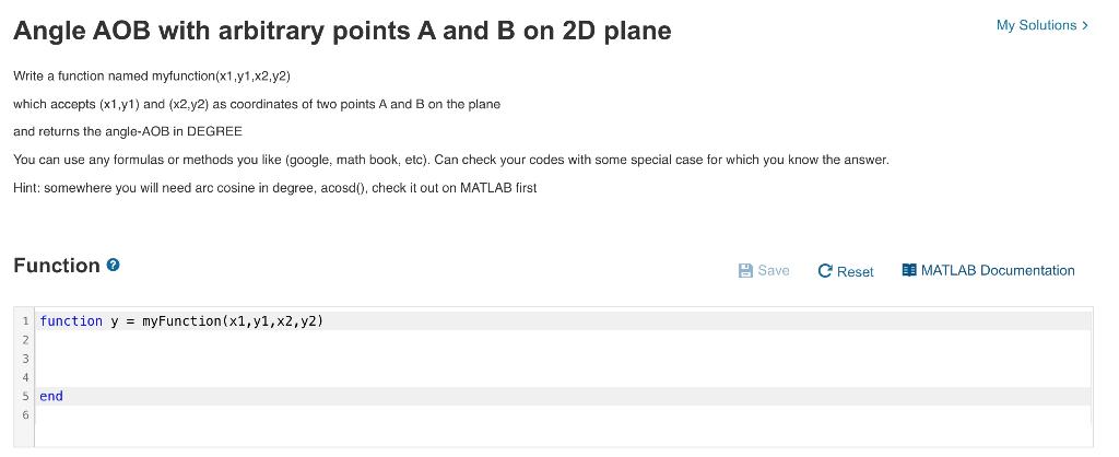 MATLAB Angle AOB with arbitrary points A and B on 2D plane