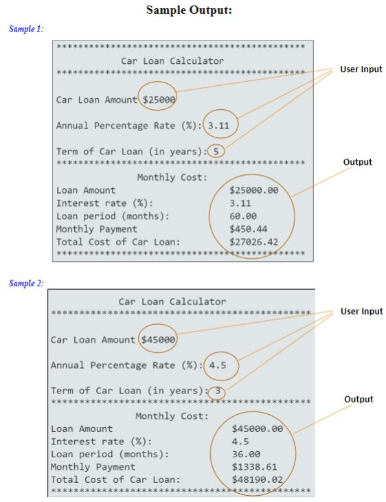car loan amount (principal), annual interest rate, and the term of car