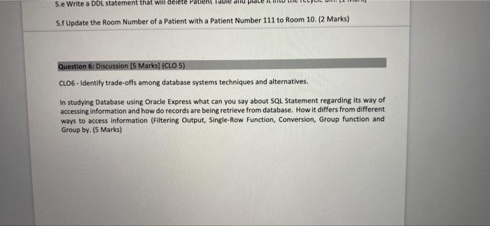  5.e Write a DDL statement that will delete Patient aule dilu