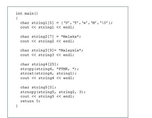  int main() char string1[5] = { 'U', 'T', 'e', 'M', '10');