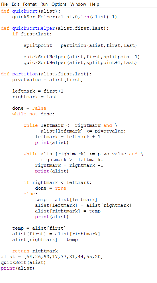 This is for Python, I have a screenshot of the quickSort code