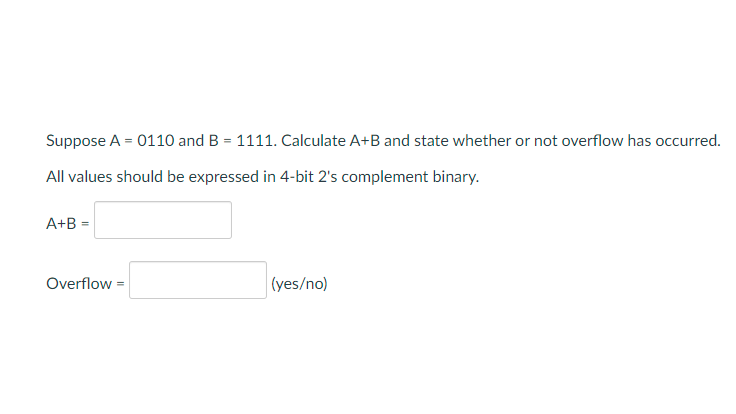 using binary integer arithmetic Suppose A = 0110 and B = 1111.