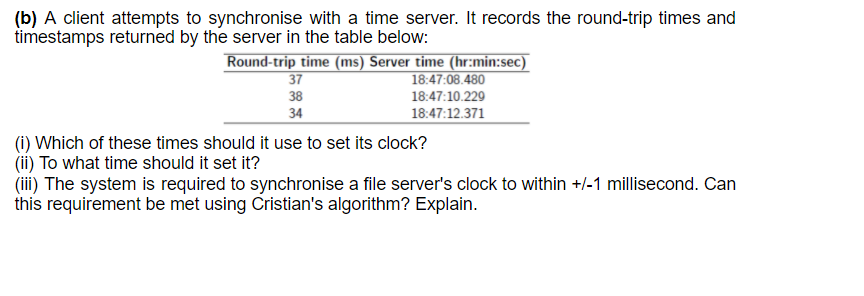  (b) A client attempts to synchronise with a time server. It