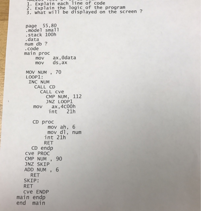  Assembly language No. 3. Pls. ASAP. 1. Explain each code of