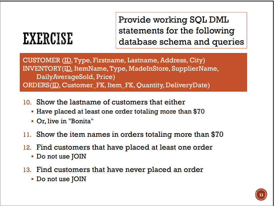 Provide working SQL DML statements for the following database schema and queries