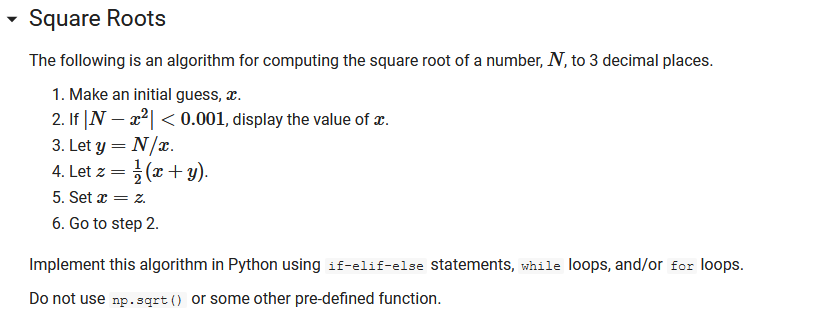 I need this algorithm is Python code. Square Roots The following