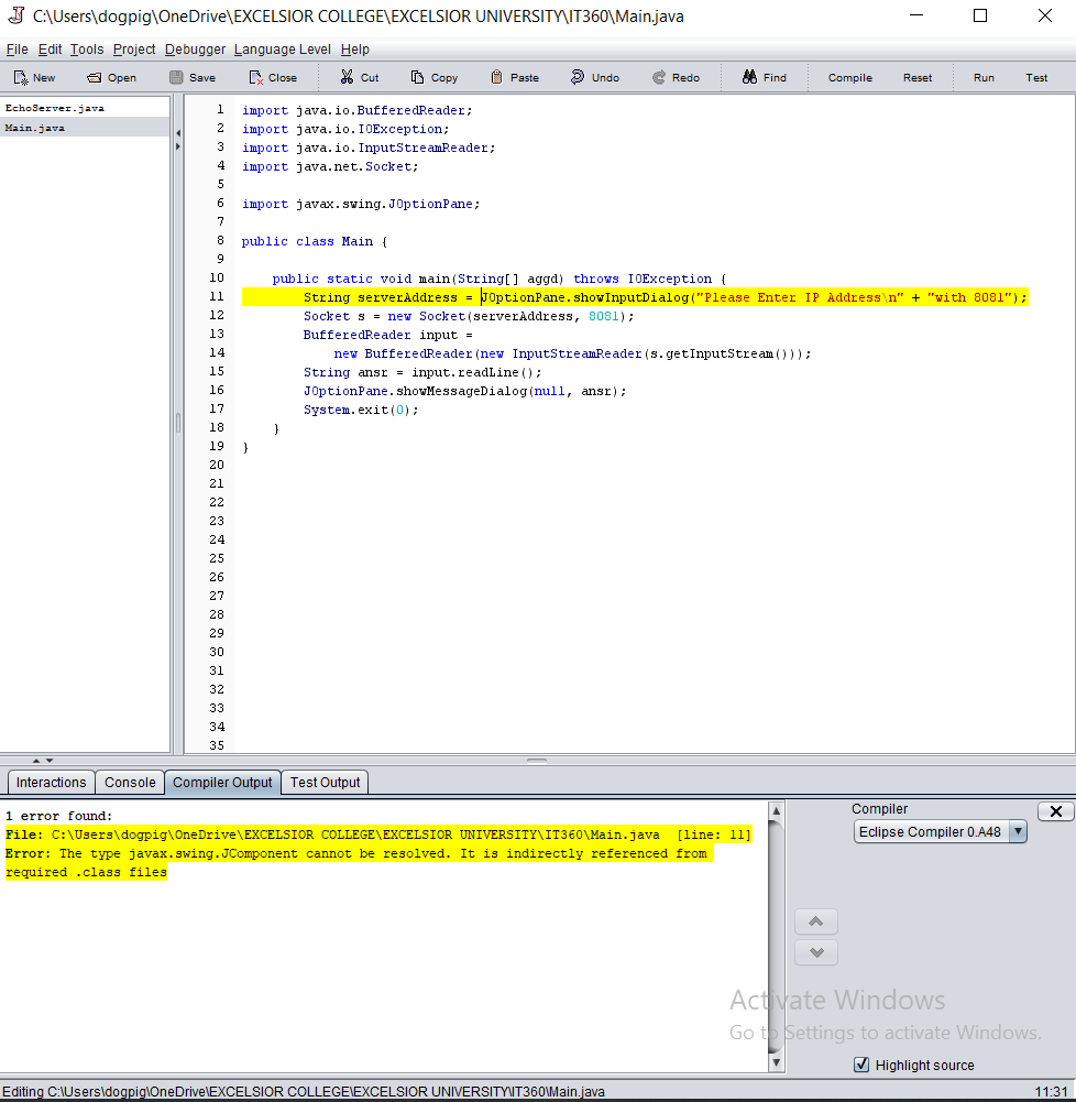 C:\Users\dogpig OneDrive\EXCELSIOR COLLEGE\EXCELSIOR UNIVERSITY IT360\Echo Server.java File Edit Tools Project Debugger Language