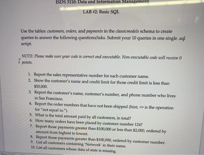  ISDS 3110: Data and Information Management LAB #2: Basic SQL Use