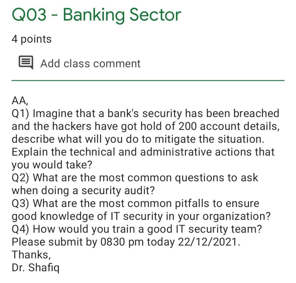 QO3 - Banking Sector 4 points Add class comment AA, Q1)
