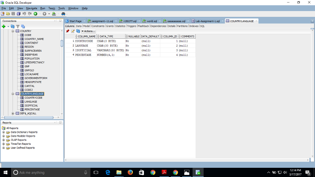 official language Or no capital city. EO oracle SQL Developer:CAU Pak-pcMDesktopWLab-Assignment-1.sql File