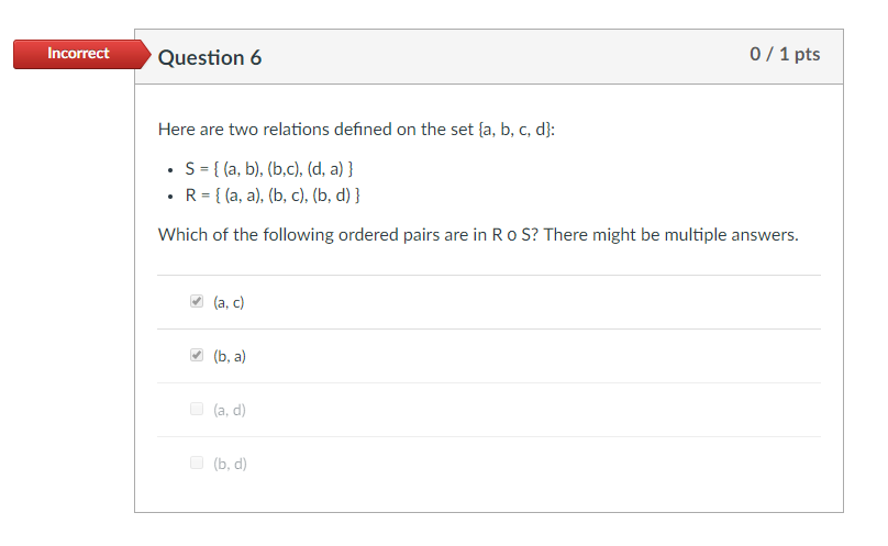 Incorrect Question 6 0l pis Here are two relations defined on