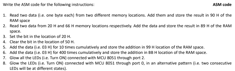  Write the ASM code for the following instructions: ASM code 1.