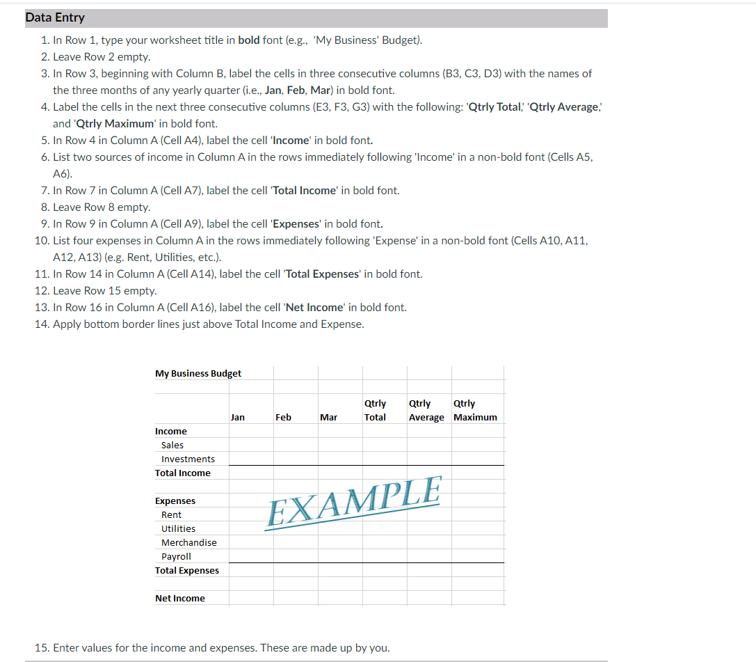 for a fictitious business of your choice utilizing the Microsoft Excel application.