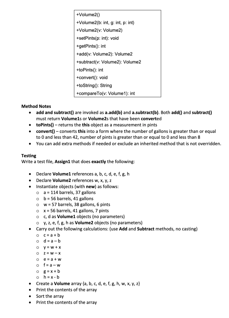 volumes in barrels, gallons and pints using the UML diagrams below. Create