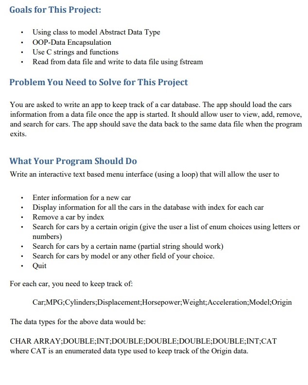 Write a program in C++ that keeps track of a car database.