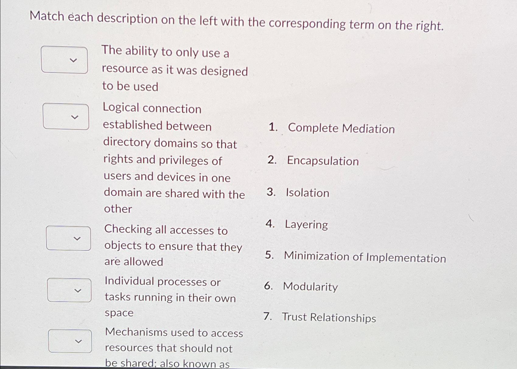  Match each description on the left with the corresponding term on
