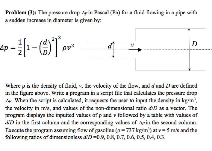  Problem (3): The pressure drop Ap in Pascal (Pa) for a