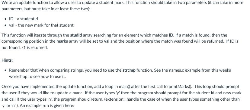 Write a C program Write an update function to allow a user