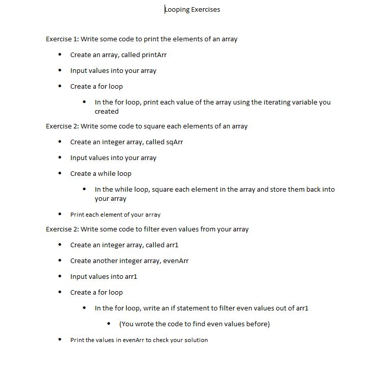  Looping Exercises(Java) Looping Exercises Exercise 1: Write some code to print