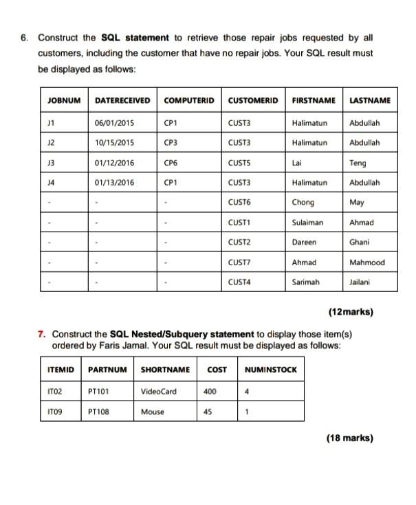 please help me to do all the questions 6. Construct the SQL