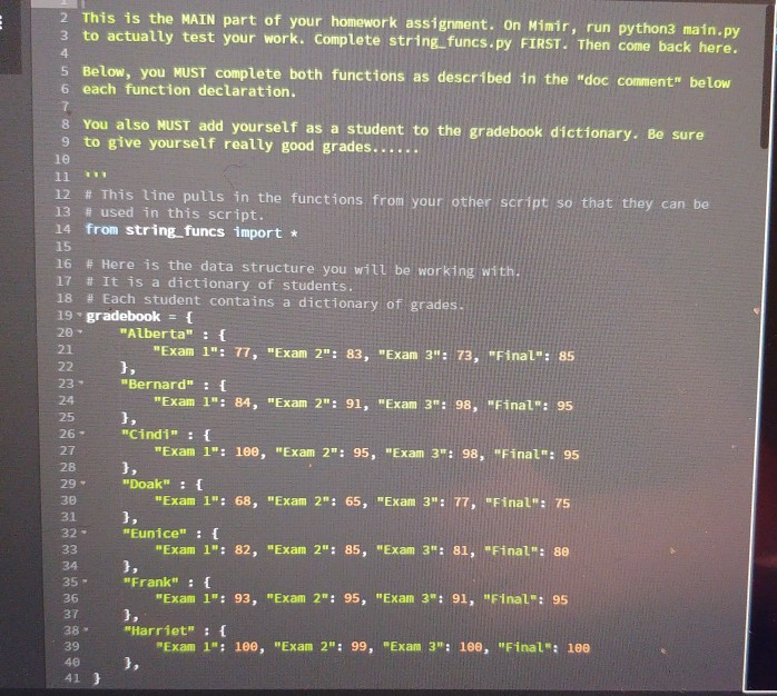  Python3 First 5 pics are main.py Last 3 are string_funcs.py 2