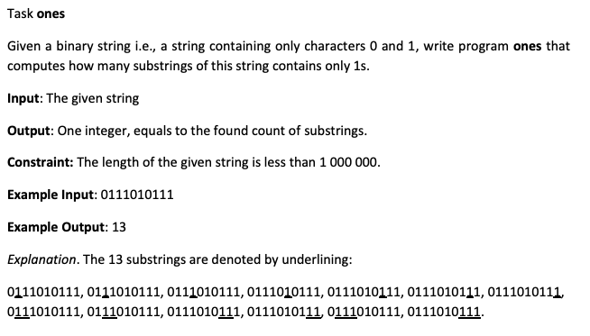 The code should be written in C++ Task ones Given a binary