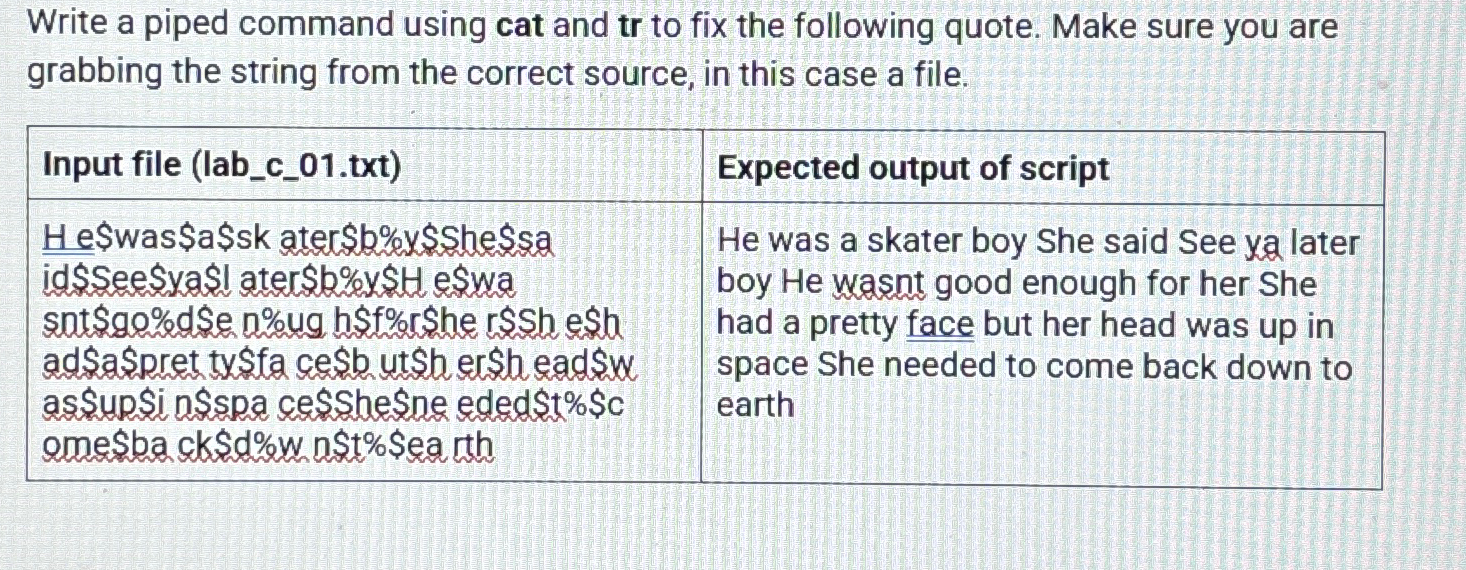  Write a piped command using cat and tr to fix the