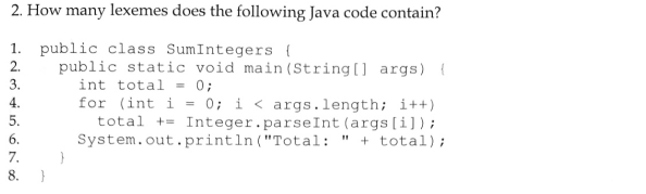  How many lexemes does the following Java code contain? public class