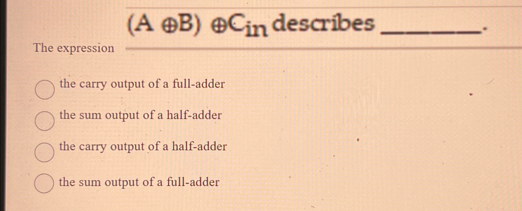  (Ao+B)o+Cin describes The expression the carry output of a full-adder the