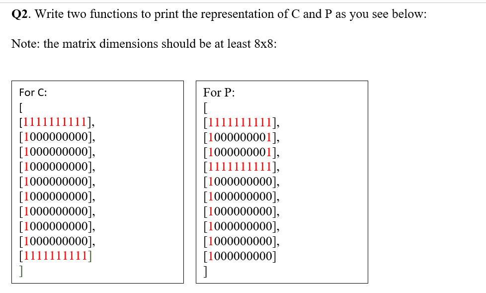 python language Q2. Write two functions to print the representation of C