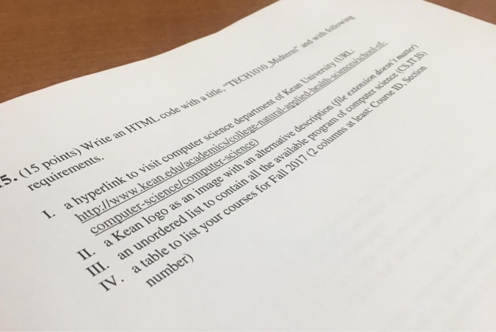  5. 15 points) Write an HTMILcode with afine.TECH requirements Sde I.