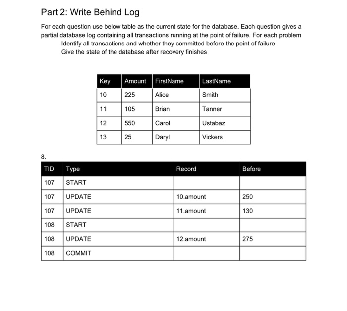  Part 2: Write Behind Log For each question use below table