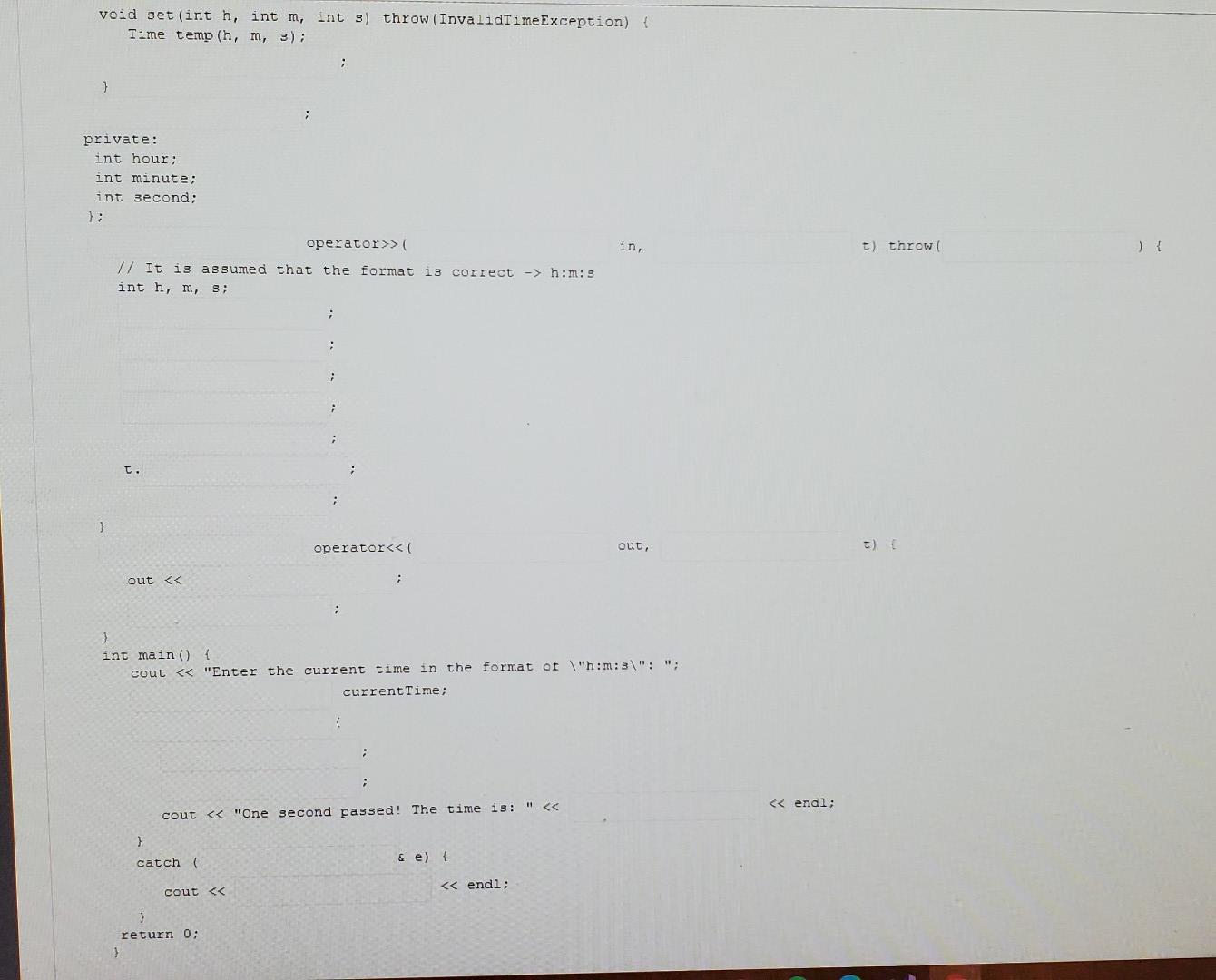 "Hour" and two more integers in the range of (0,59] for the