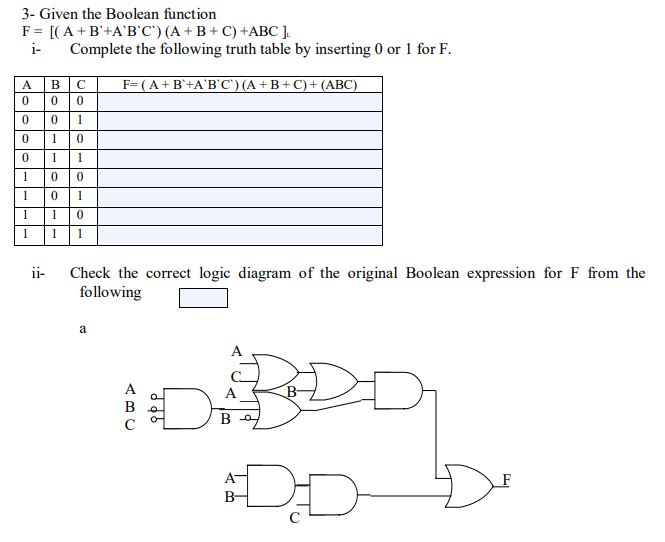 3- Given the Boolean function F = [( A + B'+A'B'C')