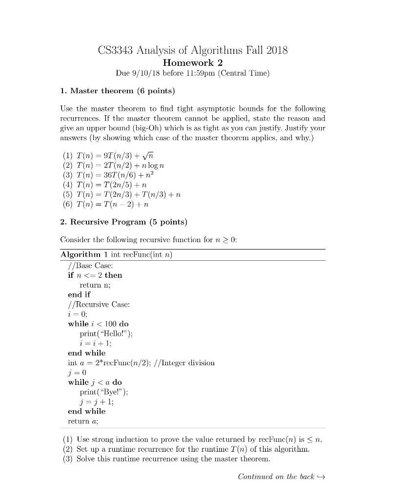  Please answer part 2 CS3343 Analysis of Algorithms Fall 2018 Homework